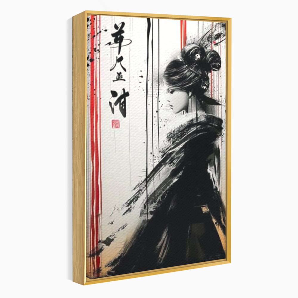 Tablou canvas cu tablou vertical cu gheisa in tus, in rama de aluminiu auriu